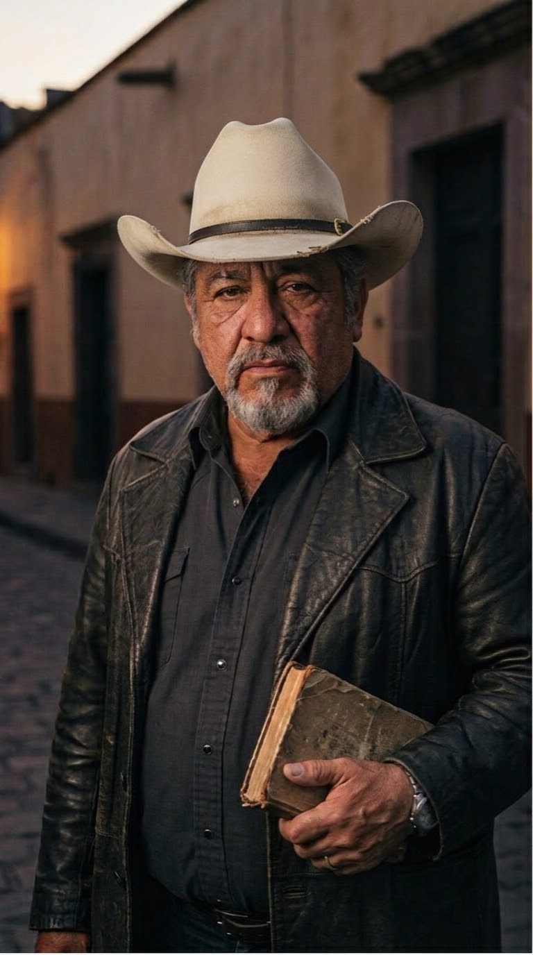 Padrino Aurelio, un hombre mayor con sombrero Texana color hueso y chamarra de cuero negra, sostiene un libro viejo en una calle empedrada.