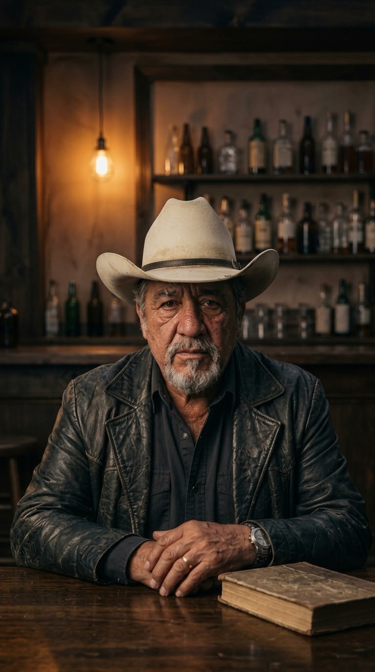 Padrino Aurelio sentado en la barra de una cantina vacía, con las manos juntas sobre un libro viejo.